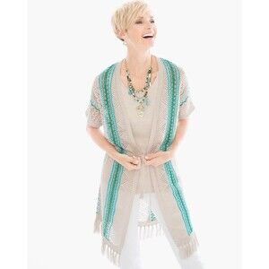 Chico's Cardigan Womens Beige Blue Small Crochet  Knit Fringe Duster Linen Boho